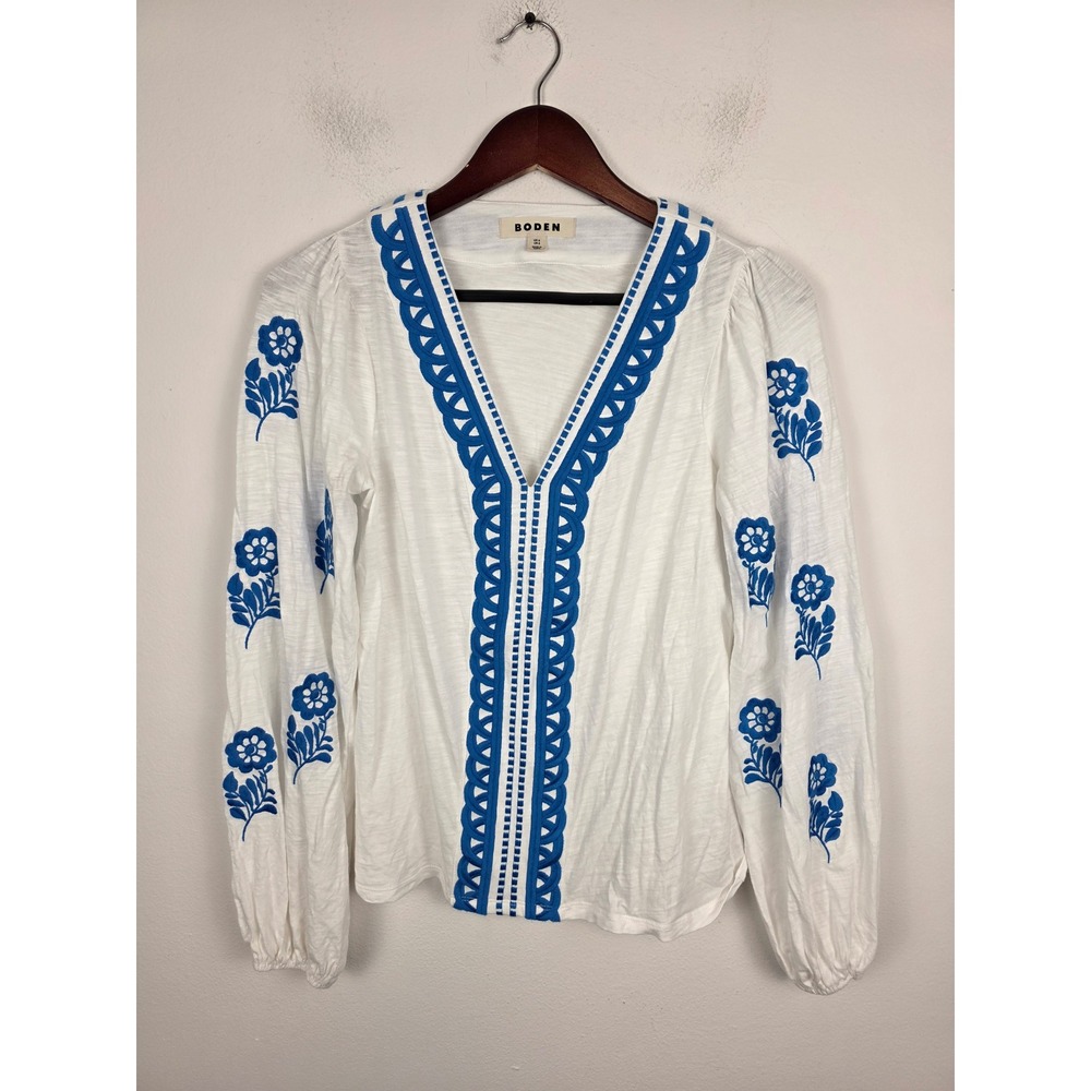 Boden Womens Blue White Embroidered V-Neck Cotton Long Sleeve Top Size 2 T1664